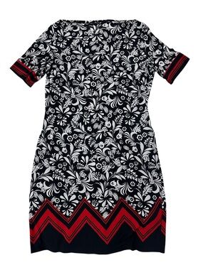 Lily Navy Dress with Black and White Floral Trim